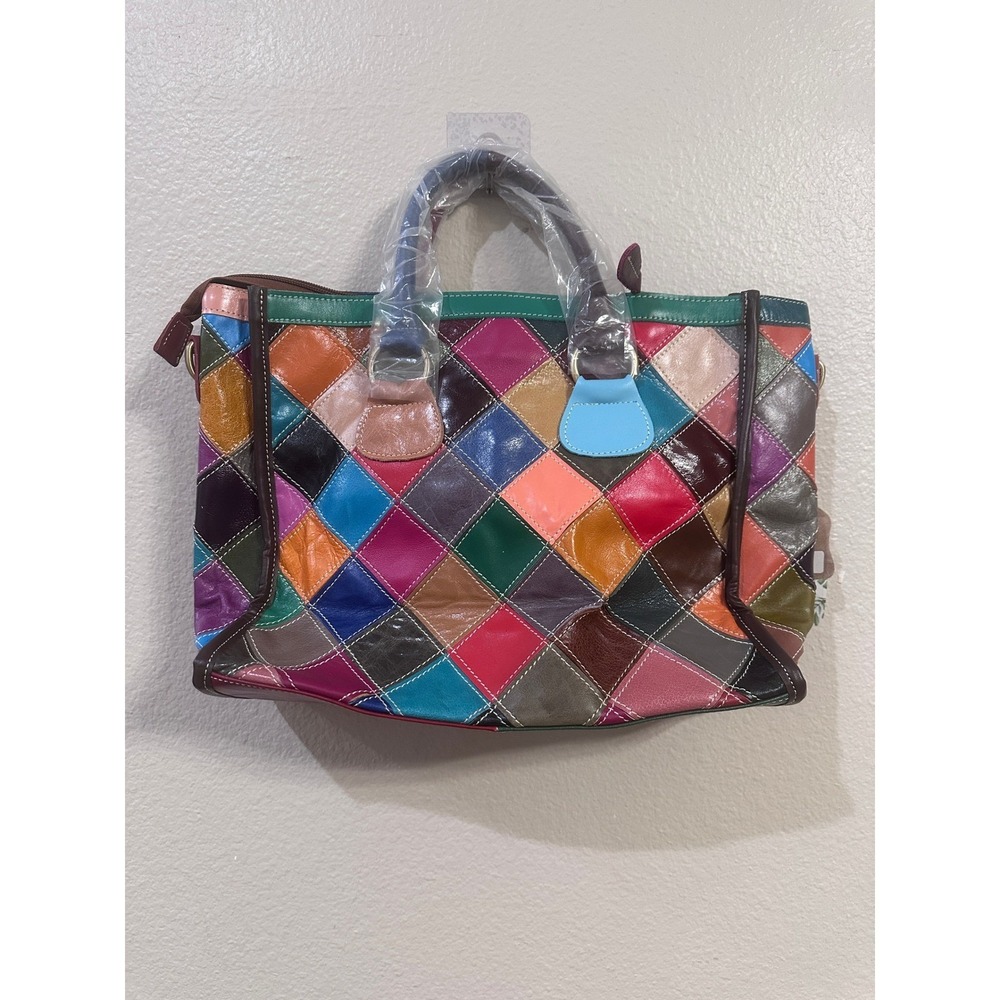 Caerlif Multicolored Leather Patchwork Tote Bag Satchel Crossbody Bohemian New
